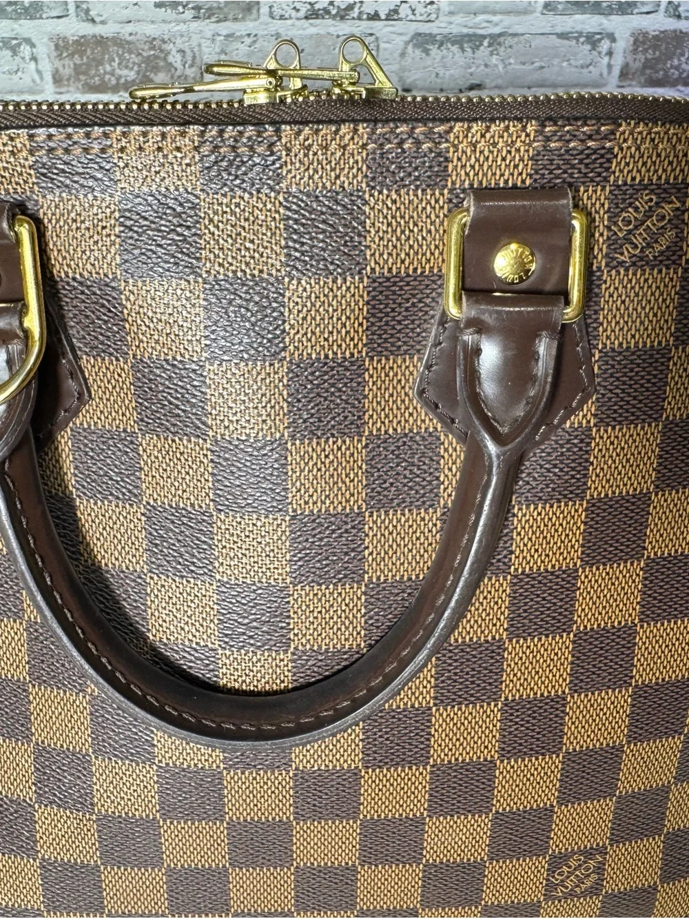 Classic Brown Checkered Leather Top-Handle Men’s Bag